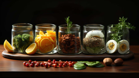 Healthy food in glass jars on wooden table against dark background.の素材