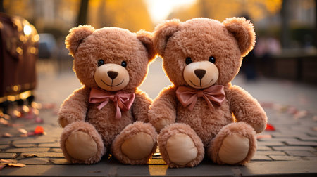 Two teddy bears sitting on the street in the evening. Love conceptの素材