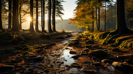 Autumn beech forest at sunrise with a stream flowing through it