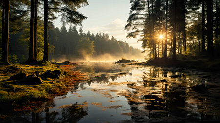 Sunrise over the river in the forest at sunrise. Beautiful landscapeの素材