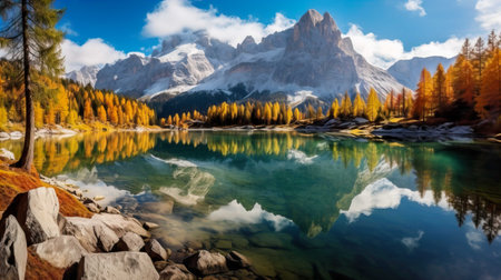 Autumn alpine lake in the Dolomites, Italy.の素材