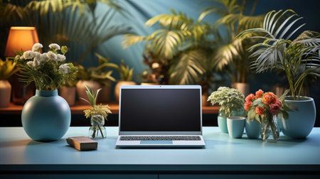 Laptop with blank screen on table in office. 3d renderingの素材