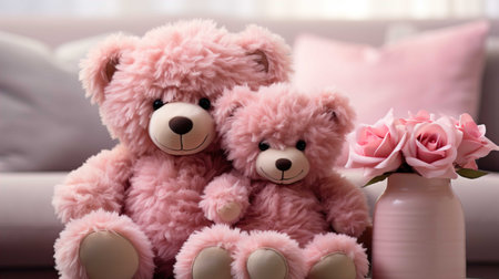 Cute teddy bear with rose in vase on sofa at homeの素材