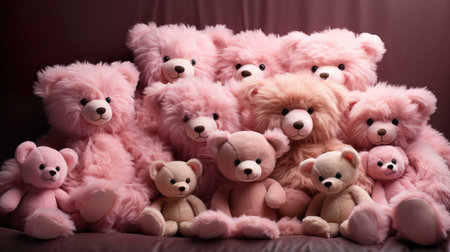 Group of cute teddy bears sitting on sofa, closeup.の素材