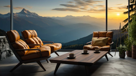 Luxury living room interior with a panoramic view of the mountains and the sunsetの素材