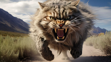 3D rendering of a Maine Coon cat running in the desertの素材