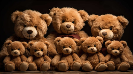 Group of teddy bears on a black background with copy space.の素材