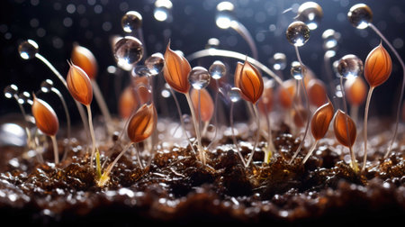 Macro shot of moss with small water droplets on it.の素材