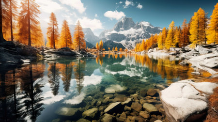 Fantastic autumn landscape with lake and larch trees in mountainsの素材