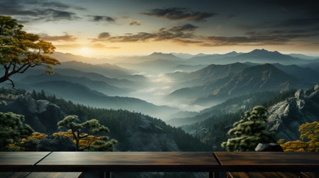 Wooden table top against view of the mountain range in the morningの素材