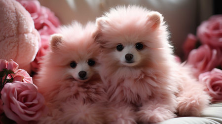 Cute fluffy pomeranian puppies on sofa, close-upの素材