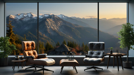 Luxury living room interior with mountain view. 3d renderingの素材