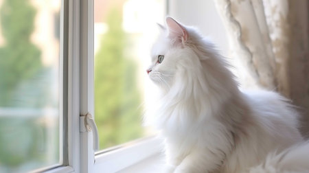 Beautiful white persian cat sitting on the windowsill at homeの素材