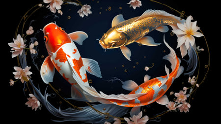 Koi fish and flowers on black background. 3D illustration.の素材