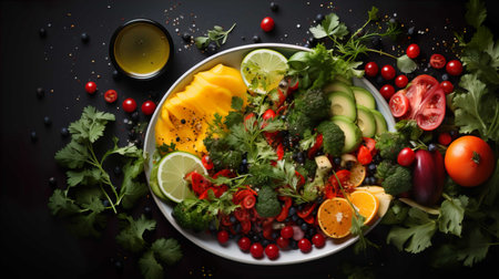 Healthy salad with fresh vegetables and fruits on black background, top viewの素材