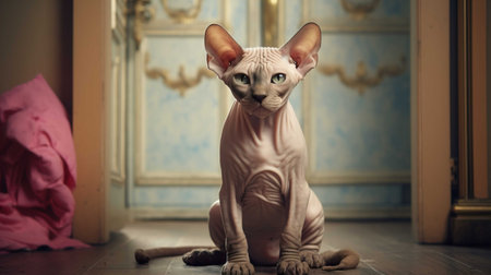 Sphynx cat sitting on the floor in front of the mirrorの素材