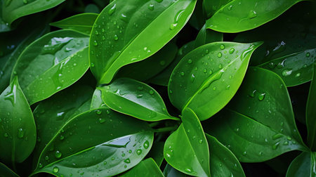Green leaves with water drops background. Green leaves with rain drops.の素材