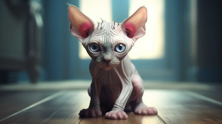Sphynx cat with blue eyes sitting on the floor.の素材