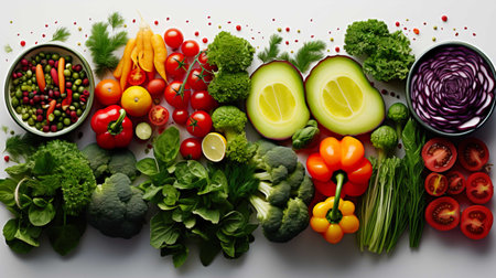 Composition with variety of fresh vegetables on white background, top viewの素材