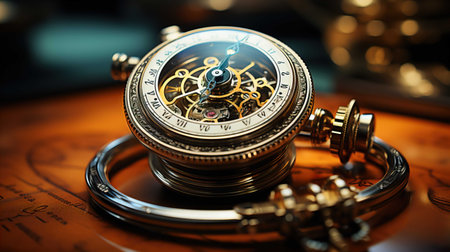 Vintage pocket watch and old map close-up. Selective focus.の素材