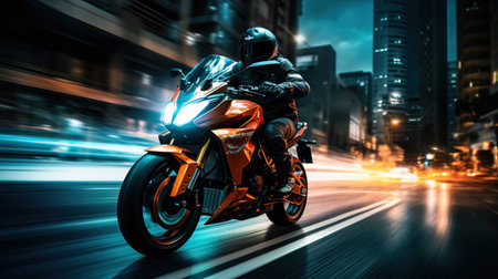 Motorcycle rider riding on the road in the city at night.の素材