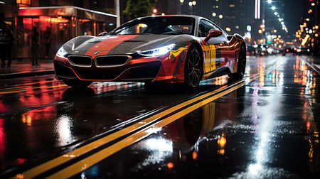 Black and red sports car on the road in the city at nightの素材