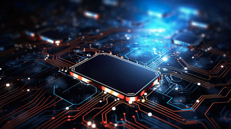 Circuit board with microchips and connections. 3d renderingの素材