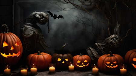 Halloween background with pumpkins, bats and ghosts. 3d renderingの素材