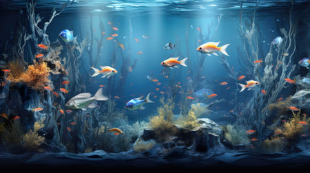 Underwater scene with colorful fishes and corals. 3d renderingの素材