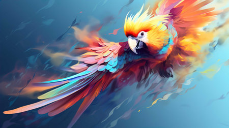 Colorful macaw parrot flying on blue background. Vector illustrationの素材