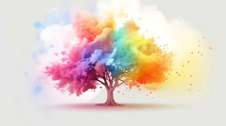 Rainbow tree with colorful smoke and rays of light. Vector illustration.の素材