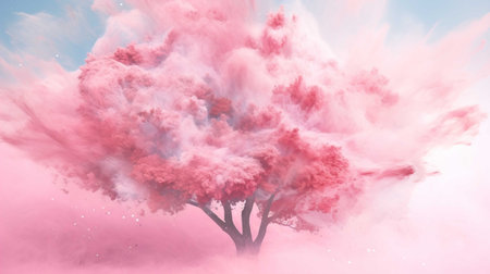 Tree in pink smoke with blue sky background. 3D Renderingの素材