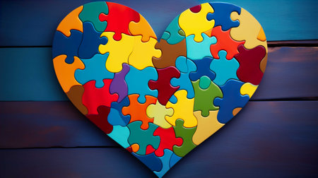 Colorful jigsaw puzzle heart on blue wooden background, valentines day conceptの素材