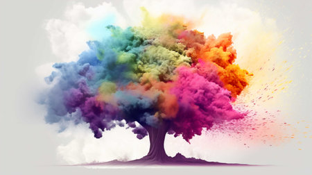 Colorful explosion in the form of a tree on a white backgroundの素材