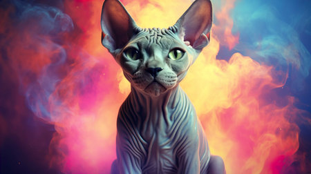 Sphynx cat on colorful smoke background. Close-up.の素材