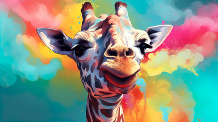 Giraffe on colorful watercolor background. Digital art painting.の素材