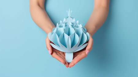 Female hands holding origami flower on blue background. Flat lay, top viewの素材
