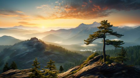 Fantastic sunset in the mountains landscape. Landscape with fir tree.の素材