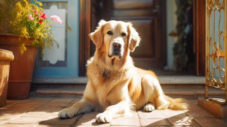 Golden Retriever sitting in front of the door of a houseの素材
