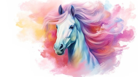 Watercolor portrait of a beautiful white horse with pink mane on a colorful background.の素材