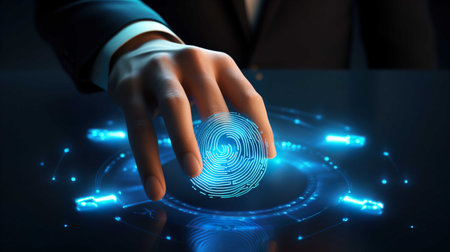 Fingerprint scan provides security access with biometrics identification.の素材
