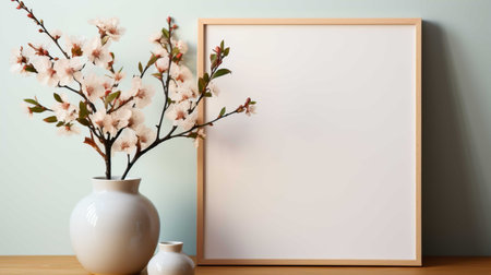 Blank picture frame with cherry blossom in vase on wooden tableの素材