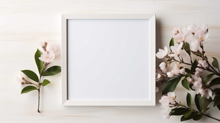 Blank white frame with spring flowers on wooden background. Flat lay, top view.の素材