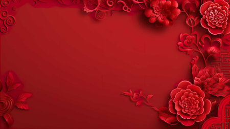 Chinese new year red paper cut flower and asian elements background.の素材