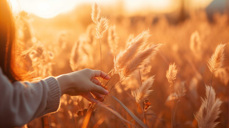Close-up of a young woman's hand touching ears of wheat at sunsetの素材