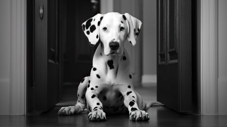 Dalmatian dog sitting in front of the door. Black and white photo.の素材