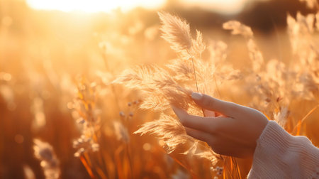 Beautiful young woman in wheat field at sunset, closeup of handsの素材