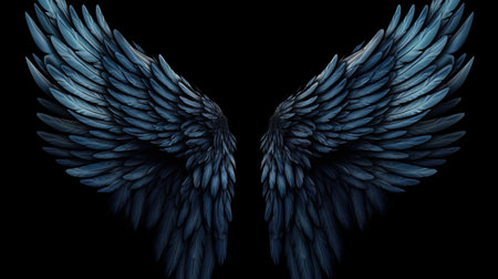3d rendering of wings in blue colors isolated on black background.の素材
