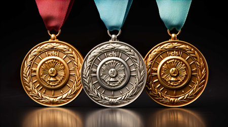 Gold, silver and bronze medals on a black background with reflection.の素材