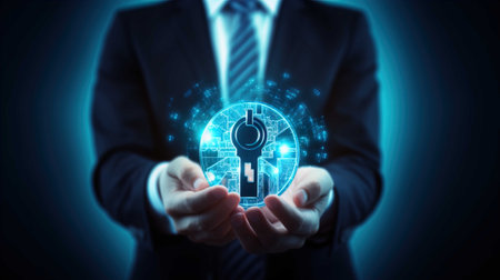 Businessman hand holding virtual screen with keyhole, concept of securityの素材